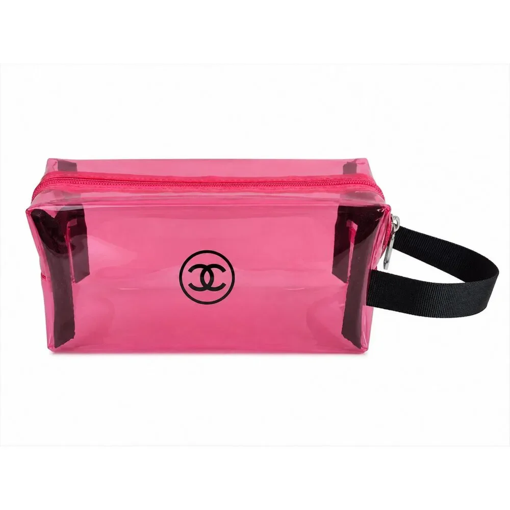 CHANEL PVC Makeup Cosmetic Bag Pink Transparent Clear Wristlet Pouch Zip Logo